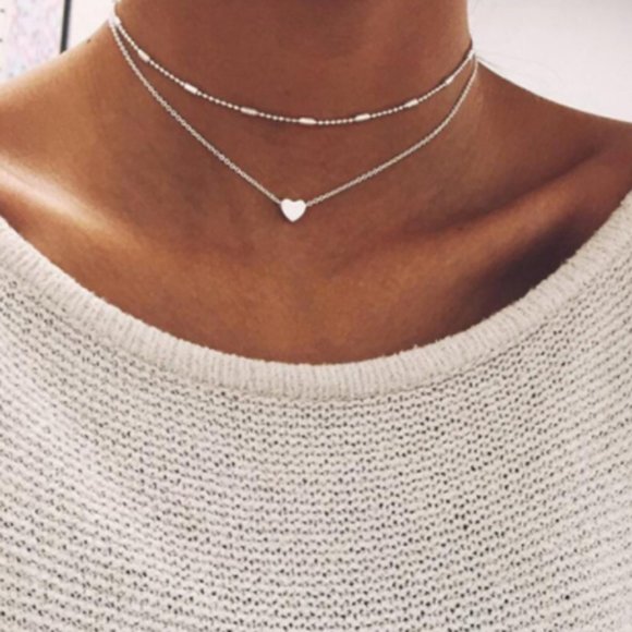 Jewelry - Silver Layered Chain Heart Beaded Necklaces